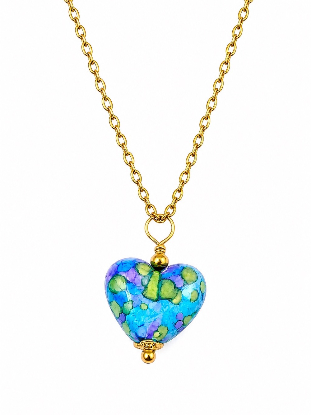 Handmade Turquoise Marbled Heart Necklace | Gold Stainless Steel Chain